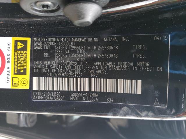 Photo 10 from auction – 2019 TOYOTA HIGHLANDER with VIN 5TDJZRFH7KS594307