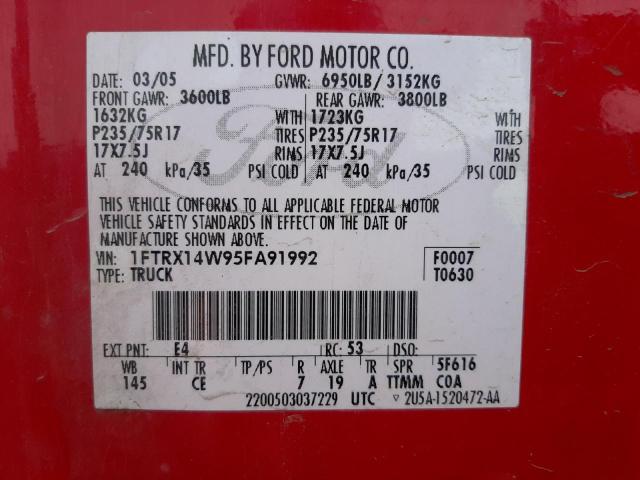 Photo 10 from auction – 2005 FORD F150 with VIN 1FTRX14W95FA91992