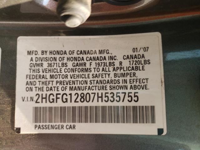 Photo 10 from auction – 2007 HONDA CIVIC EX with VIN 2HGFG12807H535755