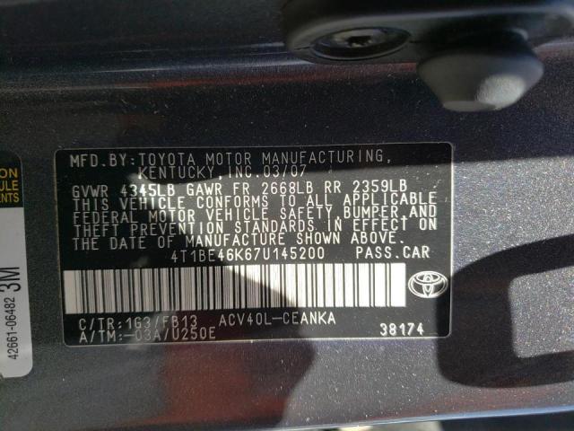 Photo 10 from auction – 2007 TOYOTA CAMRY CE with VIN 4T1BE46K67U145200