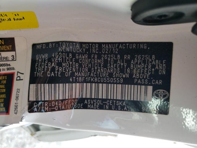 Photo 10 from auction – 2012 TOYOTA CAMRY BASE with VIN 4T1BF1FK8CU550559