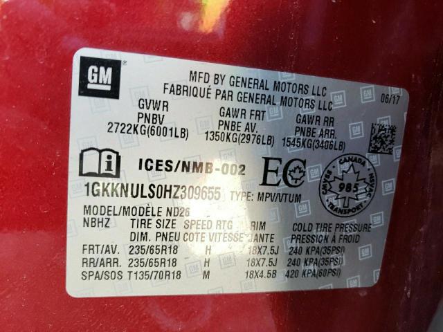 Photo 10 from auction – 2017 GMC ACADIA SLT with VIN 1GKKNULS0HZ309655