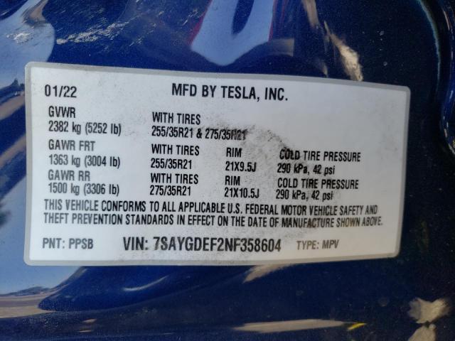 Photo 10 from auction – 2022 TESLA MODEL Y with VIN 7SAYGDEF2NF358604