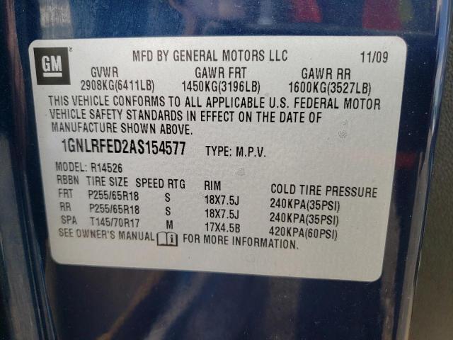 Photo 10 from auction – 2010 CHEVROLET TRAVERSE L with VIN 1GNLRFED2AS154577