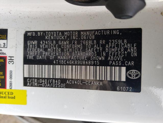 Photo 10 from auction – 2009 TOYOTA CAMRY BASE with VIN 4T1BE46K89U848915