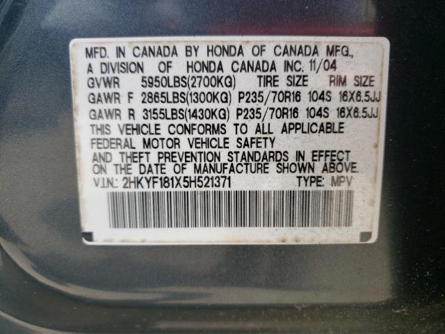 Photo 10 from auction – 2005 HONDA PILOT LX with VIN 2HKYF181X5H521371