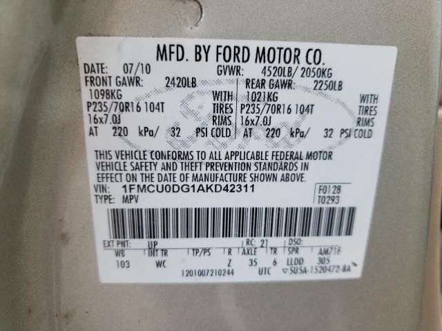 Photo 10 from auction – 2010 FORD ESCAPE XLT with VIN 1FMCU0DG1AKD42311