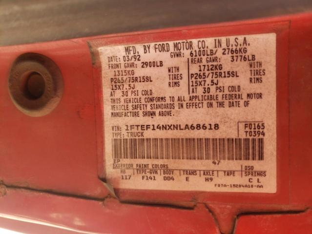 Photo 10 from auction – 1992 FORD F150 with VIN 1FTEF14NXNLA68618