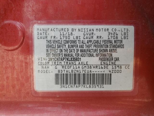 Photo 10 from auction – 2019 NISSAN VERSA S with VIN 3N1CN7AP7KL835931