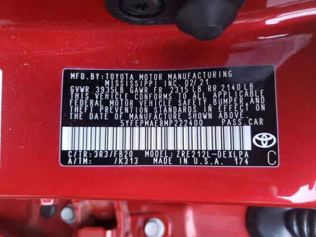 Photo 10 from auction – 2021 TOYOTA COROLLA LE with VIN 5YFEPMAE8MP222400