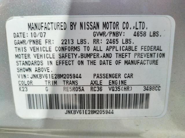 Photo 10 from auction – 2008 INFINITI G35 with VIN JNKBV61E28M205944
