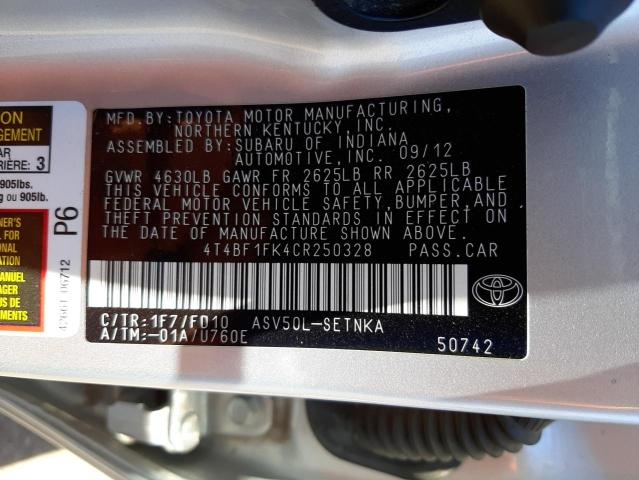 Photo 10 from auction – 2012 TOYOTA CAMRY BASE with VIN 4T4BF1FK4CR250328
