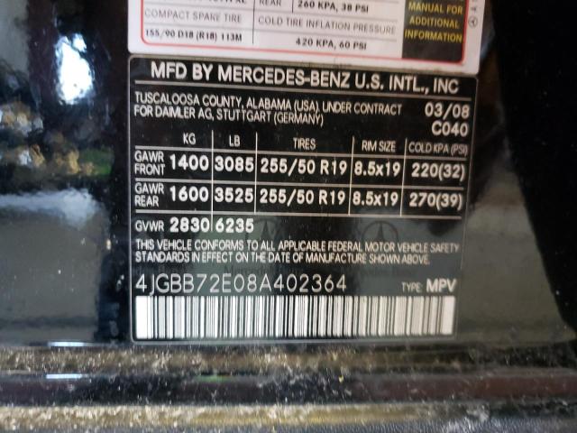 Photo 10 from auction – 2008 MERCEDES-BENZ ML 550 with VIN 4JGBB72E08A402364