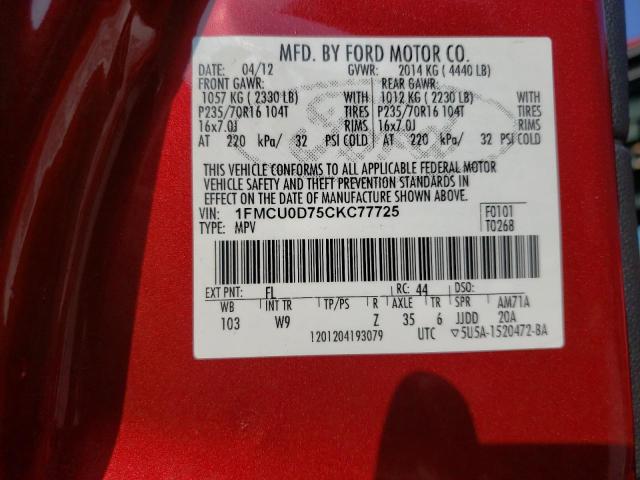 Photo 10 from auction – 2012 FORD ESCAPE XLT with VIN 1FMCU0D75CKC77725