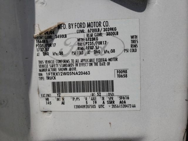 Photo 10 from auction – 2005 FORD F150 with VIN 1FTRX12W05NA20463