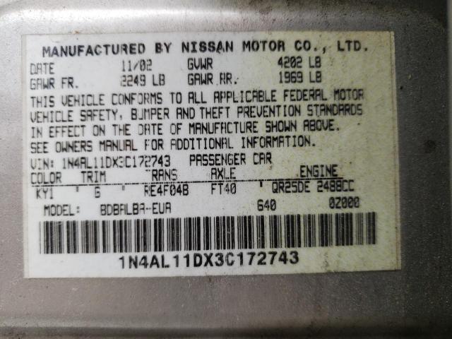 Photo 10 from auction – 2003 NISSAN ALTIMA BAS with VIN 1N4AL11DX3C172743