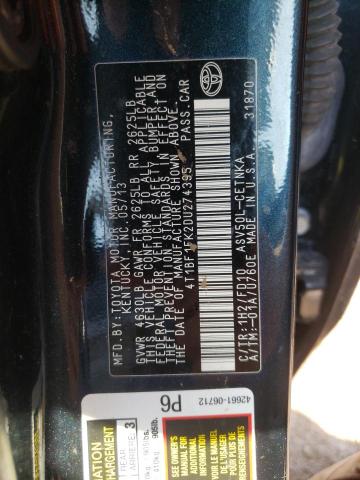 Photo 10 from auction – 2013 TOYOTA CAMRY L with VIN 4T1BF1FK2DU274395