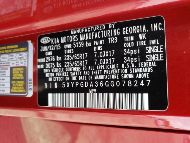 Photo 10 from auction – 2016 KIA SORENTO LX with VIN 5XYPGDA36GG078247