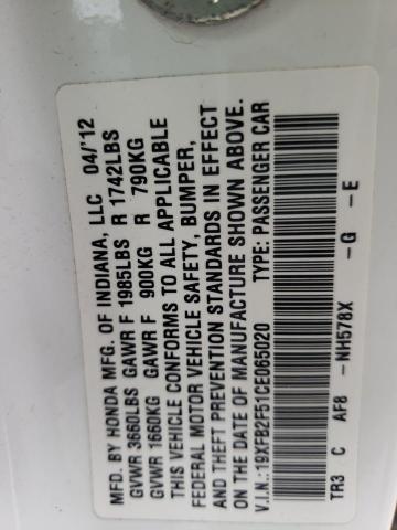 Photo 10 from auction – 2012 HONDA CIVIC LX with VIN 19XFB2F51CE065020