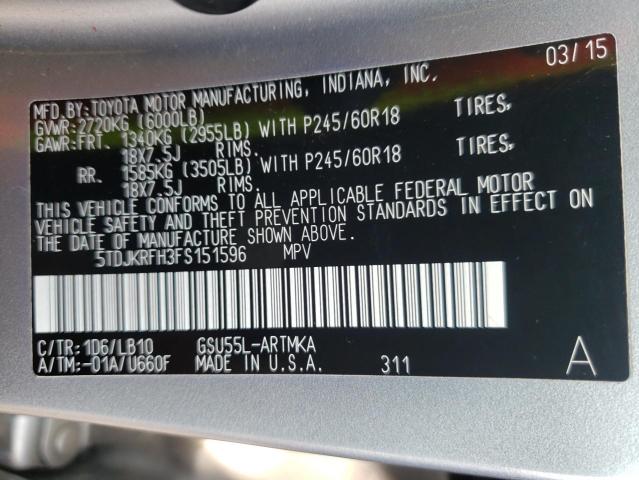 Photo 10 from auction – 2015 TOYOTA HIGHLANDER with VIN 5TDJKRFH3FS151596