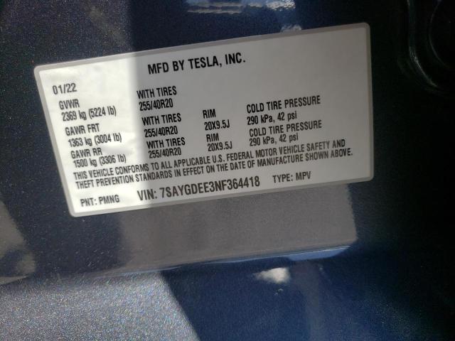 Photo 10 from auction – 2022 TESLA MODEL Y with VIN 7SAYGDEE3NF364418