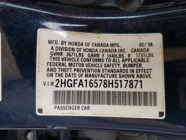 Photo 10 from auction – 2008 HONDA CIVIC LX with VIN 2HGFA16578H517871
