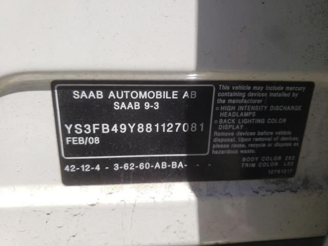 Photo 10 from auction – 2008 SAAB 9-3 2.0T with VIN YS3FB49Y881127081
