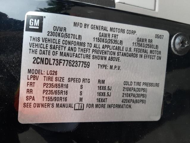 Photo 10 from auction – 2007 CHEVROLET EQUINOX LT with VIN 2CNDL73F776237759