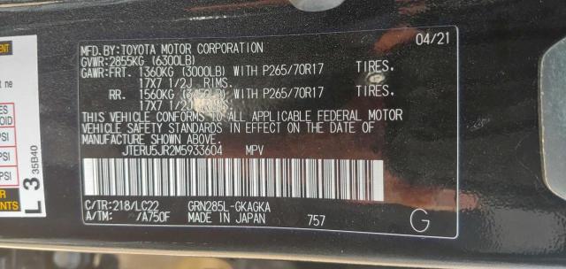Photo 10 from auction – 2021 TOYOTA 4RUNNER SR with VIN JTERU5JR2M5933604