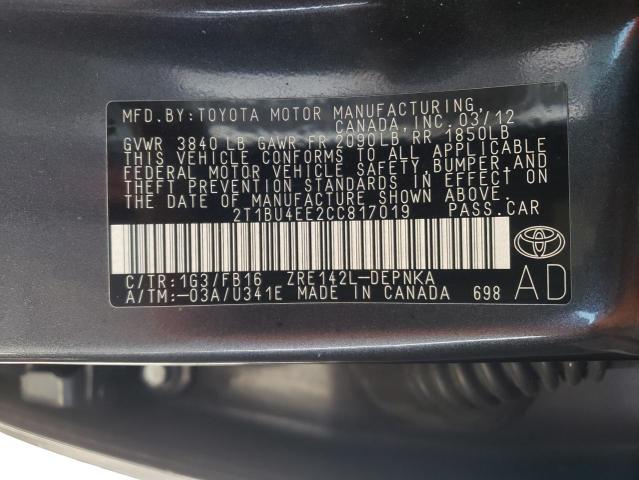 Photo 10 from auction – 2012 TOYOTA COROLLA BA with VIN 2T1BU4EE2CC817019