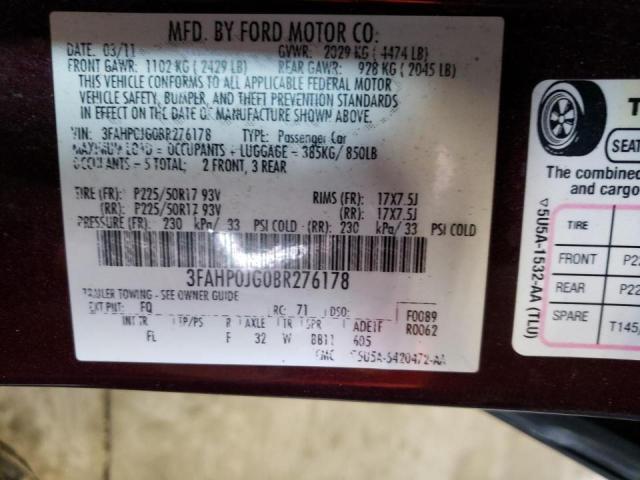 Photo 10 from auction – 2011 FORD FUSION SEL with VIN 3FAHP0JG0BR276178