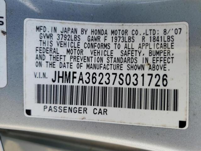 Photo 10 from auction – 2007 HONDA CIVIC HYBR with VIN JHMFA36237S031726