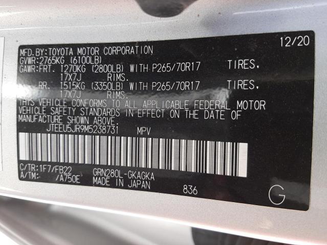 Photo 10 from auction – 2021 TOYOTA 4RUNNER SR with VIN JTEEU5JR9M5238731