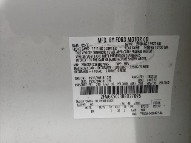 Photo 10 from auction – 2011 FORD FLEX SEL with VIN 2FMGK5CC3BBD27095