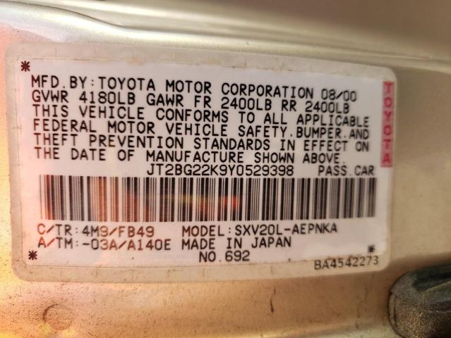 Photo 10 from auction – 2000 TOYOTA CAMRY CE with VIN JT2BG22K9Y0529398