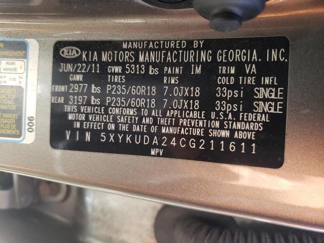 Photo 10 from auction – 2012 KIA SORENTO EX with VIN 5XYKUDA24CG211611