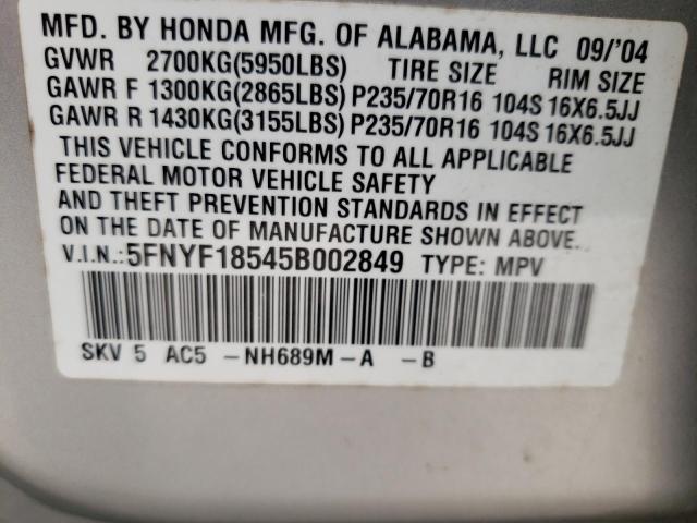 Photo 10 from auction – 2005 HONDA PILOT EXL with VIN 5FNYF18545B002849