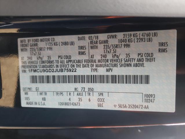 Photo 10 from auction – 2018 FORD ESCAPE SE with VIN 1FMCU9GD2JUB75922