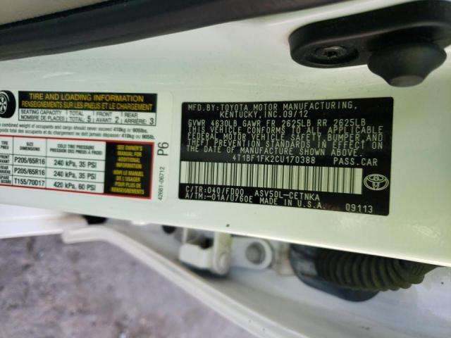 Photo 10 from auction – 2012 TOYOTA CAMRY with VIN 4T1BF1FK2CU170388