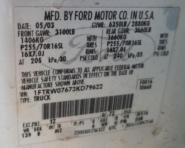 Photo 10 from auction – 2003 FORD F150 SUPER with VIN 1FTRW07673KD79622