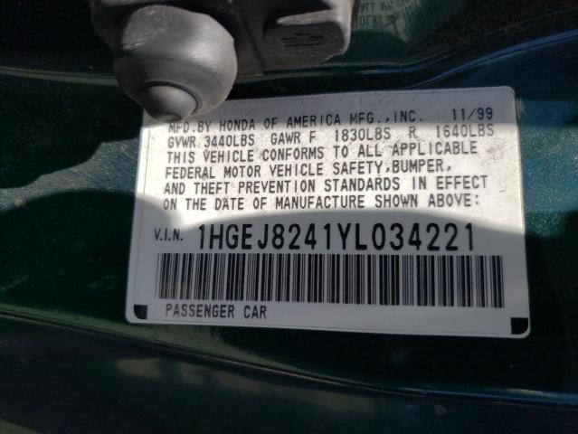 Photo 10 from auction – 2000 HONDA CIVIC EX with VIN 1HGEJ8241YL034221