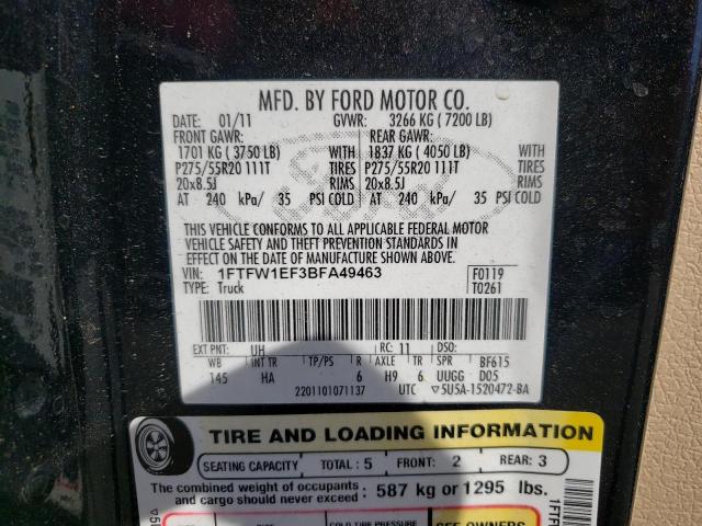 Photo 10 from auction – 2011 FORD F150 SUPER with VIN 1FTFW1EF3BFA49463