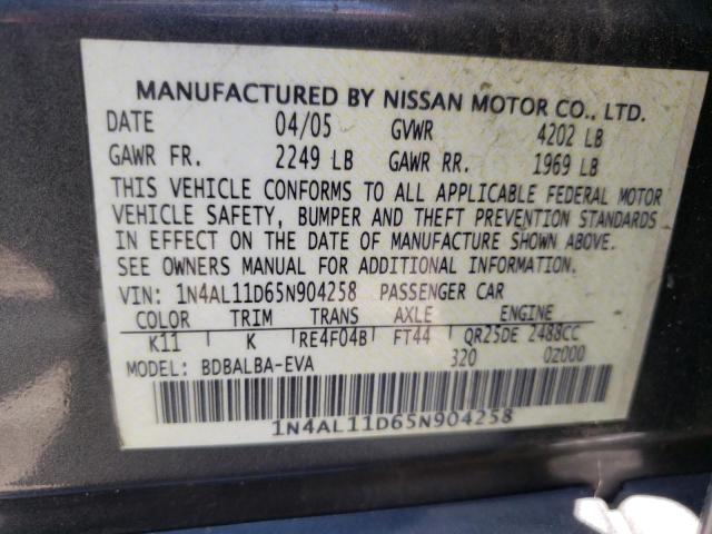 Photo 10 from auction – 2005 NISSAN ALTIMA S with VIN 1N4AL11D65N904258