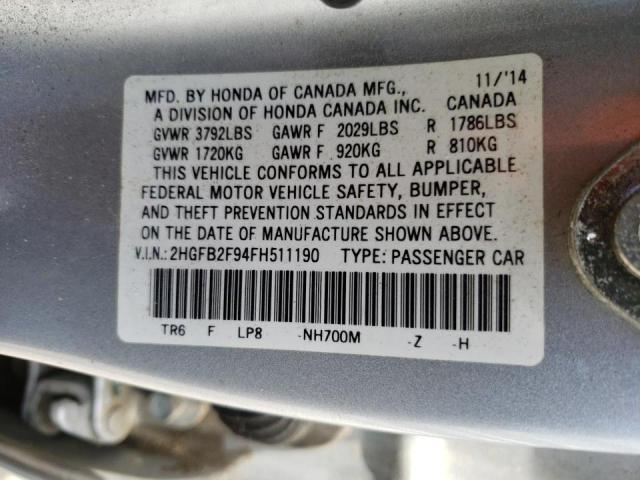 Photo 10 from auction – 2015 HONDA CIVIC EXL with VIN 2HGFB2F94FH511190