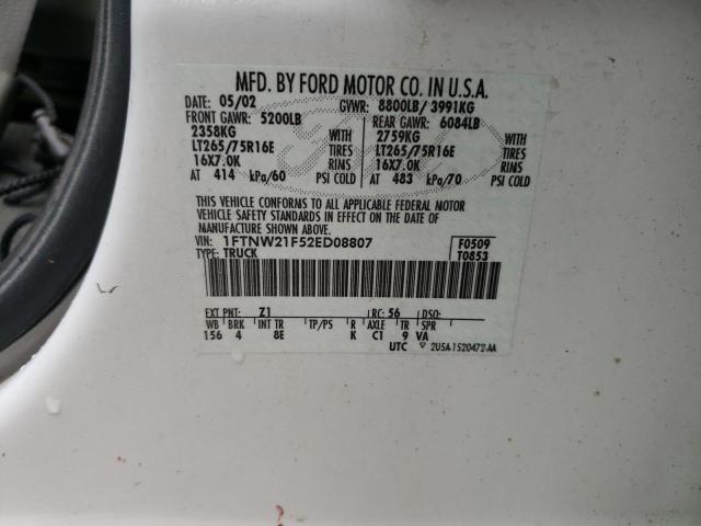 Photo 10 from auction – 2002 FORD F250 SUPER with VIN 1FTNW21F52ED08807