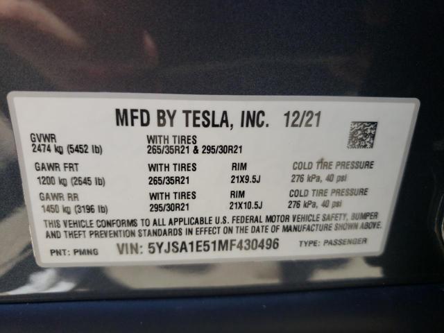 Photo 10 from auction – 2021 TESLA MODEL S with VIN 5YJSA1E51MF430496