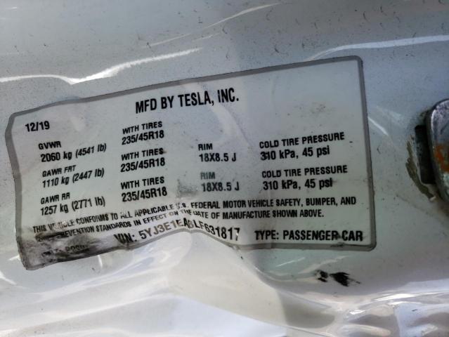 Photo 10 from auction – 2020 TESLA MODEL 3 with VIN 5YJ3E1EA8LF631817