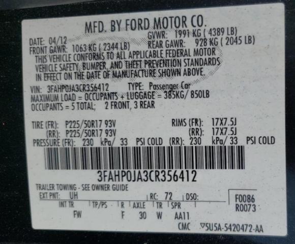 Photo 10 from auction – 2012 FORD FUSION SEL with VIN 3FAHP0JA3CR356412