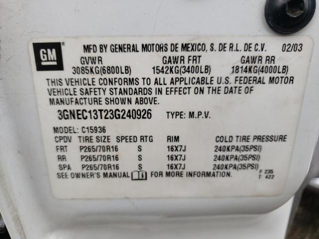 Photo 10 from auction – 2003 CHEVROLET AVALANCHE with VIN 3GNEC13T23G240926
