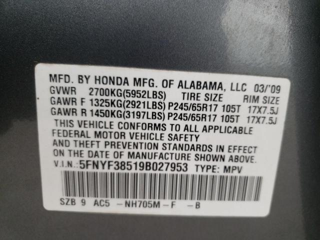Photo 10 from auction – 2009 HONDA PILOT EXL with VIN 5FNYF38519B027953